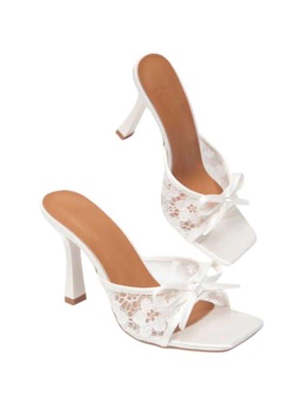 Lace Kitten Heels Bow Square Toe Faux Leather Dressy Sandals for Women